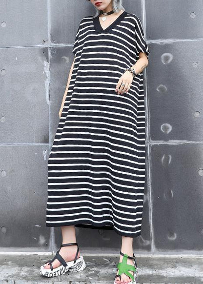 French black white striped cotton quilting dresses v neck A Line summer Dress - SooLinen