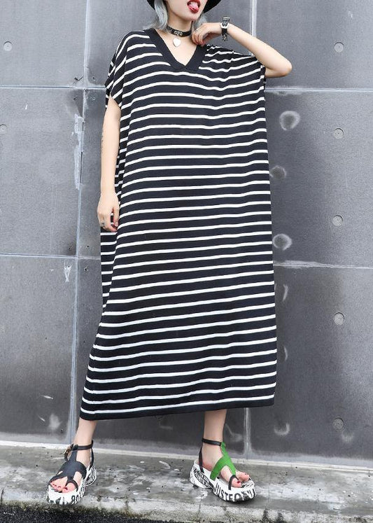 French black white striped cotton quilting dresses v neck A Line summer Dress - SooLinen
