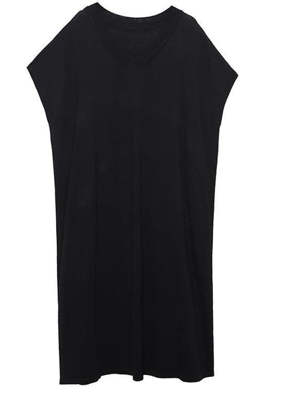 French black white striped cotton quilting dresses v neck A Line summer Dress - SooLinen