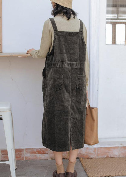 French blackish green cotton quilting clothes Spaghetti Strap pockets Maxi Dresses - SooLinen