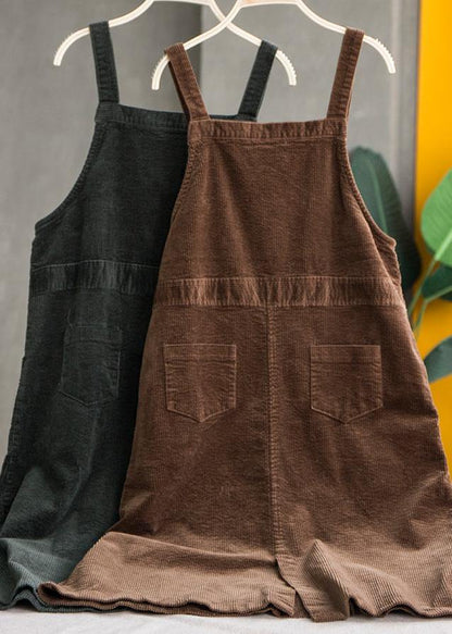 French blackish green cotton quilting clothes Spaghetti Strap pockets Maxi Dresses - SooLinen