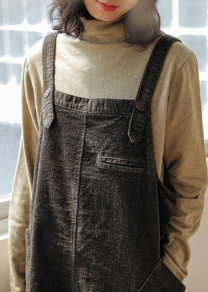 French blackish green cotton quilting clothes Spaghetti Strap pockets Maxi Dresses - SooLinen