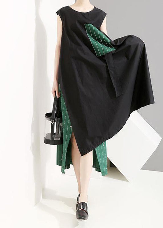 French blended clothes For Women Mom Spliced Striped Casual Irregular Sleeveless Dress - SooLinen