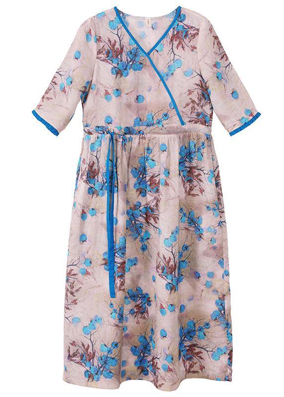 French blue print dress v neck drawstring long spring Dress - SooLinen