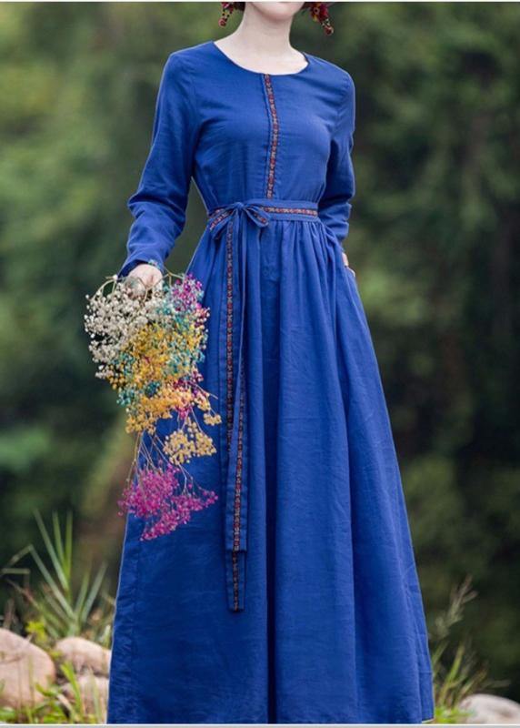 French blue Cinched dresses o neck tie waist robes Dresses - SooLinen