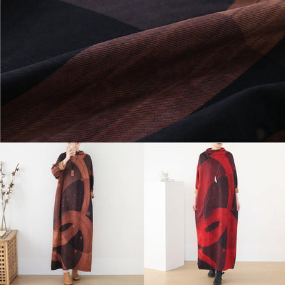French brown priints cotton dresses loose waist  Art o neck Dress - SooLinen