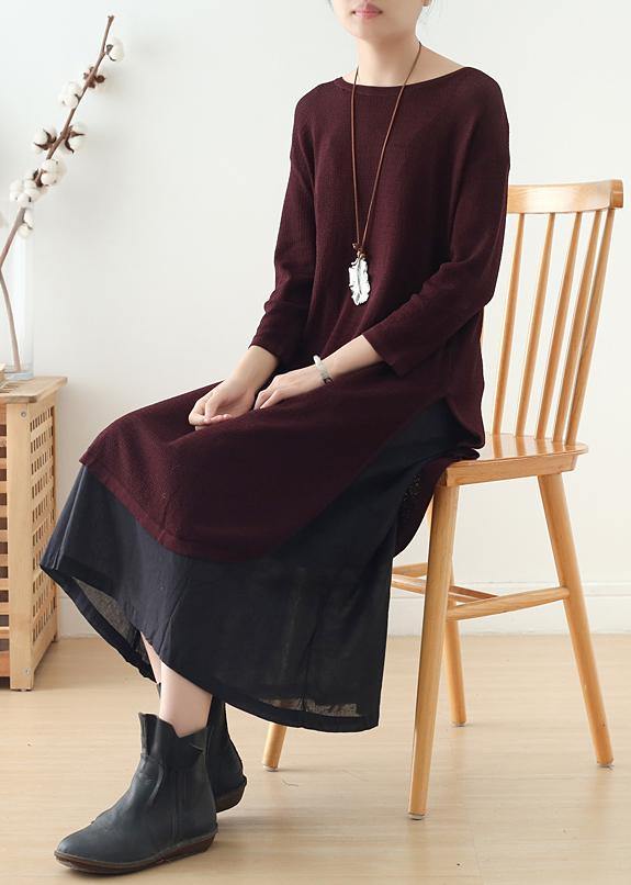French burgundy Long Shirts o neck side open Art Dress - SooLinen
