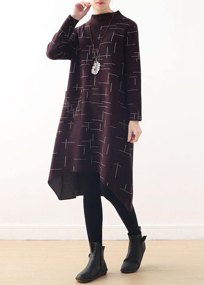French burgundy plaid clothes For Women high neck Kaftan fall Dress - SooLinen