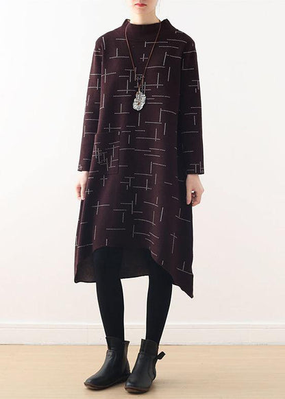 French burgundy plaid clothes For Women high neck Kaftan fall Dress - SooLinen