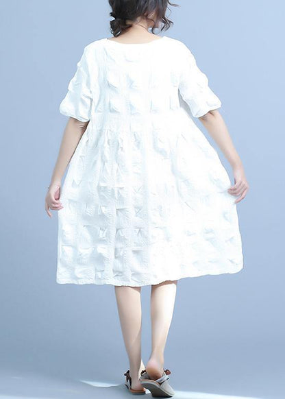 French cotton quilting white clothes plus size Pleated Loose Short Sleeve Summer Dress - SooLinen
