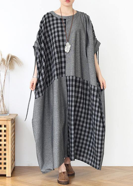 French dark gray plaid clothes For Women o neck patchwork long fall Dress - SooLinen