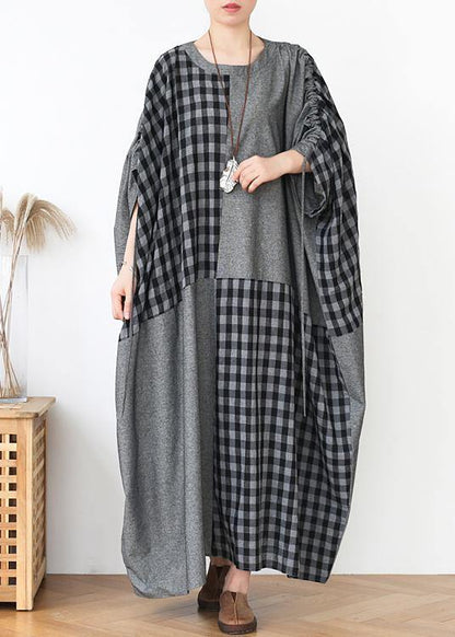 French dark gray plaid clothes For Women o neck patchwork long fall Dress - SooLinen