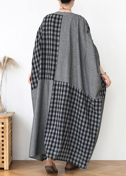 French dark gray plaid clothes For Women o neck patchwork long fall Dress - SooLinen