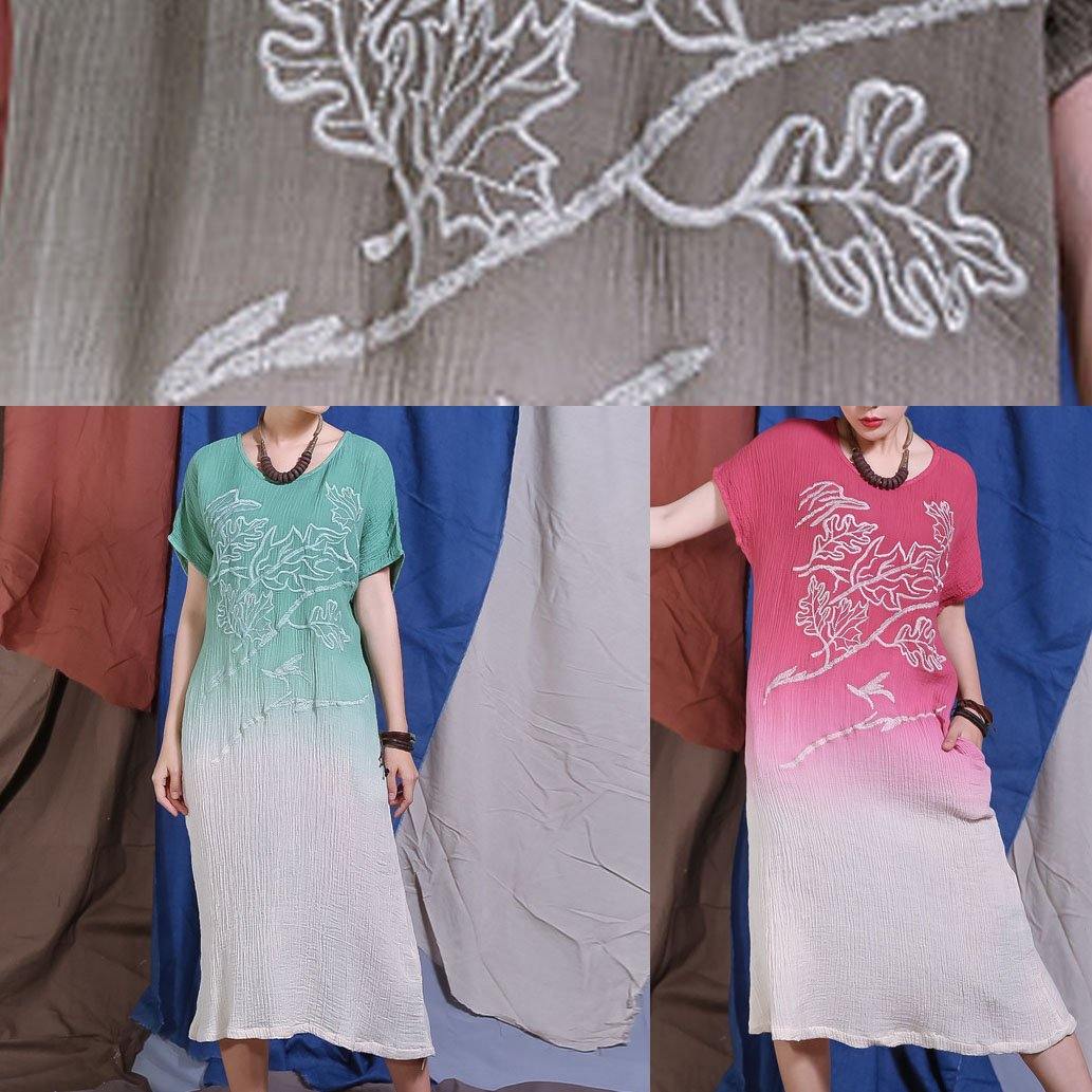 French embroidery cotton linen clothes For Women Wardrobes green gradient color Dress summer - SooLinen
