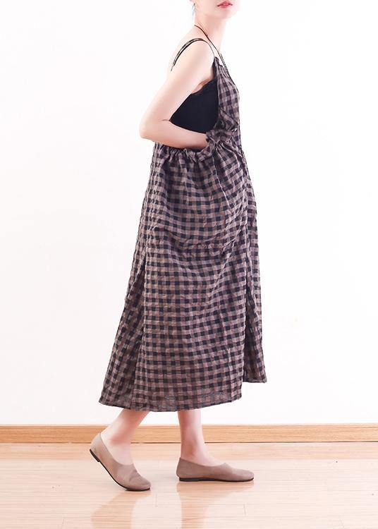 French gray Plaid cotton Long Shirts Omychic design Spaghetti Traveling Summer Dresses - SooLinen