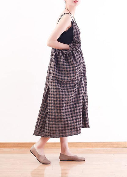 French gray Plaid cotton Long Shirts Omychic design Spaghetti Traveling Summer Dresses - SooLinen