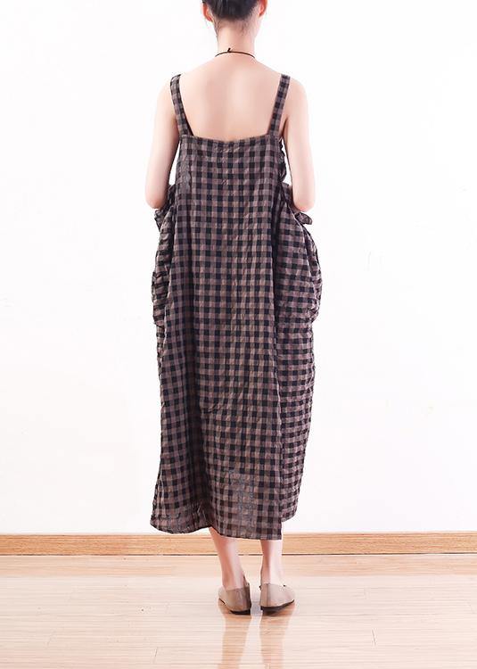 French gray Plaid cotton Long Shirts Omychic design Spaghetti Traveling Summer Dresses - SooLinen