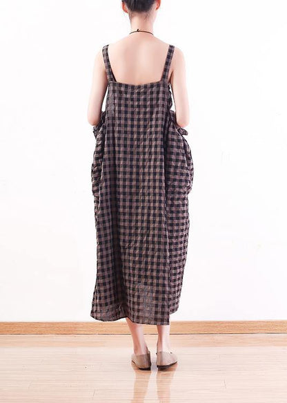 French gray Plaid cotton Long Shirts Omychic design Spaghetti Traveling Summer Dresses - SooLinen