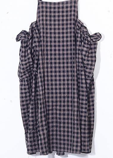 French gray Plaid cotton Long Shirts Omychic design Spaghetti Traveling Summer Dresses - SooLinen