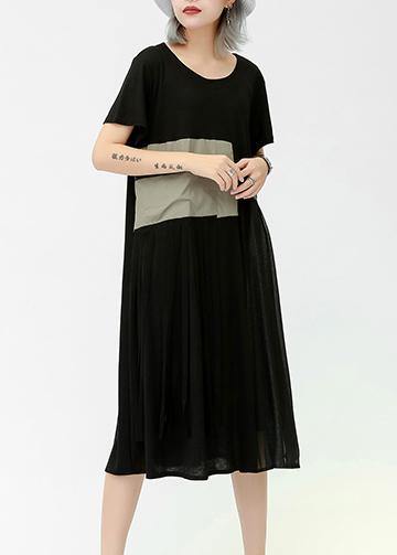 French gray green cotton quilting clothes o neck patchwork pockets long summer Dresses - SooLinen