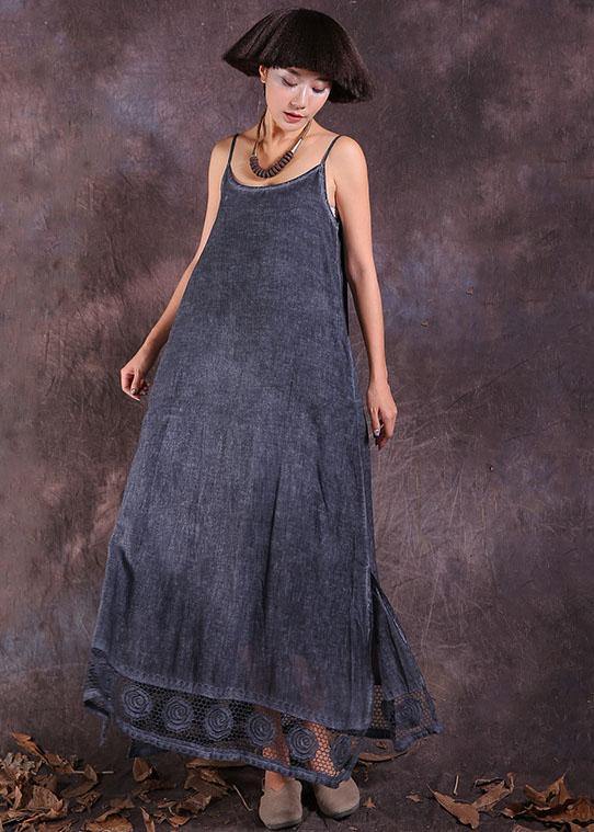 French gray side open linen clothes For Women hollow out hem Maxi summer Dresses - SooLinen