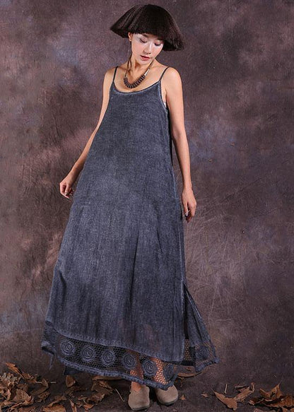 French gray side open linen clothes For Women hollow out hem Maxi summer Dresses - SooLinen