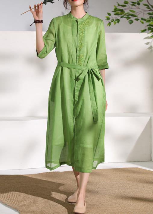 French green embroidery linen Robes stand collar Dress - SooLinen