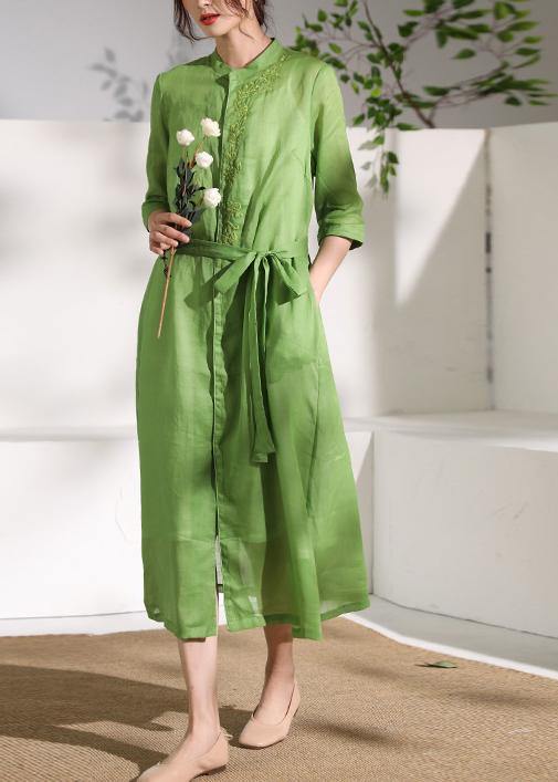 French green embroidery linen Robes stand collar Dress - SooLinen
