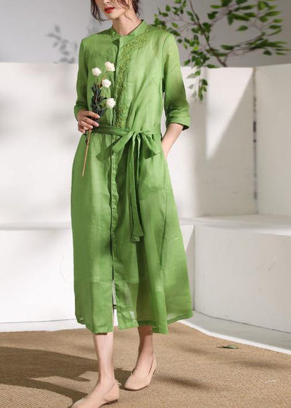 French green embroidery linen Robes stand collar Dress - SooLinen