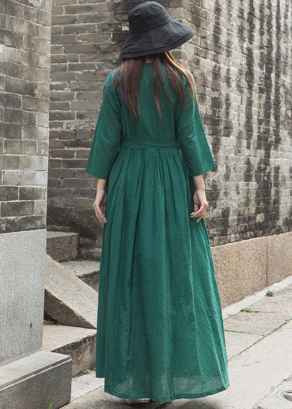 French green embroiedry linen Wardrobes bracelet sleeved loose fall Dresses - SooLinen