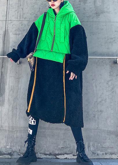 French green patchwork  clothes hooded zippered Robe fall Dresses - SooLinen