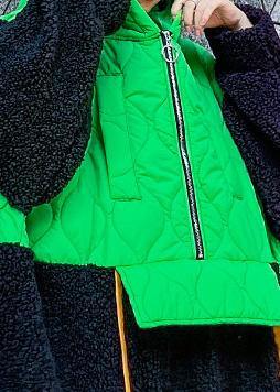 French green patchwork  clothes hooded zippered Robe fall Dresses - SooLinen