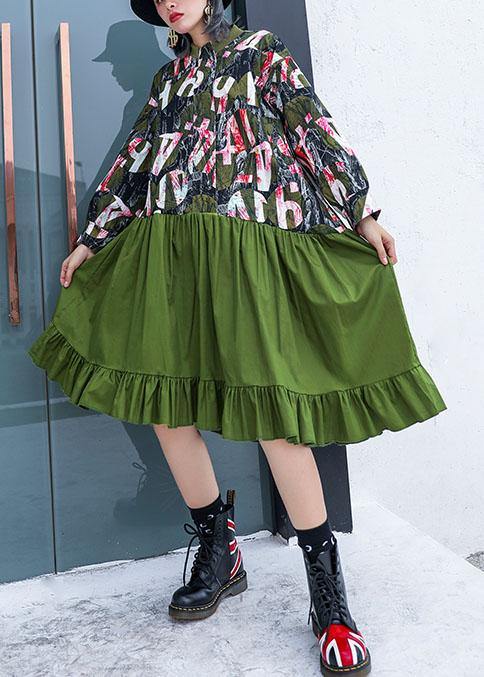 French green patchwork Cotton quilting dresses prints Plus Size fall Dress - SooLinen