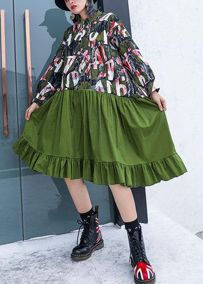 French green patchwork Cotton quilting dresses prints Plus Size fall Dress - SooLinen
