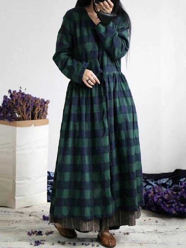 French green plaid cotton dresses v neck drawstring Traveling spring Dresses - SooLinen