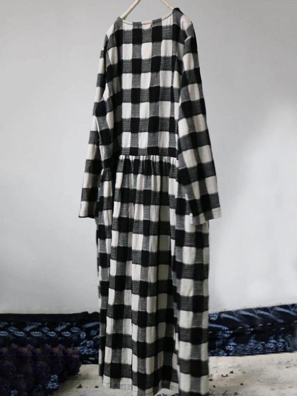 French green plaid cotton dresses v neck drawstring Traveling spring Dresses - SooLinen