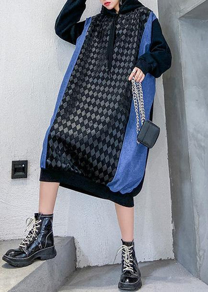 French hooded cotton patchwork clothes Runway black Dresses - SooLinen