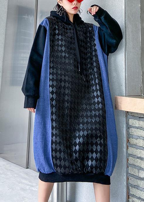 French hooded cotton patchwork clothes Runway black Dresses - SooLinen