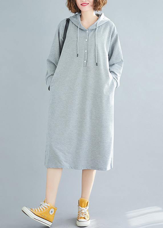 French hooded drawstring Cotton spring Tunics gray Dresses - SooLinen