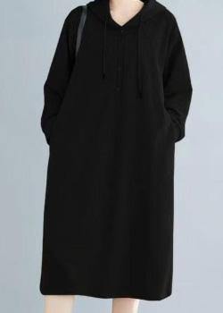 French hooded drawstring Cotton spring Tunics gray Dresses - SooLinen