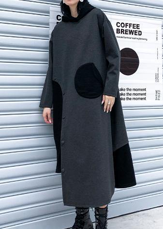 French hooded patchwork cotton fall dresses Sewing black cotton Dress - SooLinen
