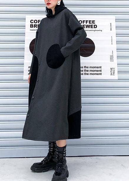 French hooded patchwork cotton fall dresses Sewing black cotton Dress - SooLinen