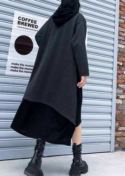 French hooded patchwork cotton fall dresses Sewing black cotton Dress - SooLinen