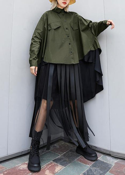 French lapel asymmetric tunics for women Neckline army green Dresses - SooLinen