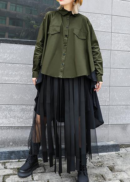 French lapel asymmetric tunics for women Neckline army green Dresses - SooLinen