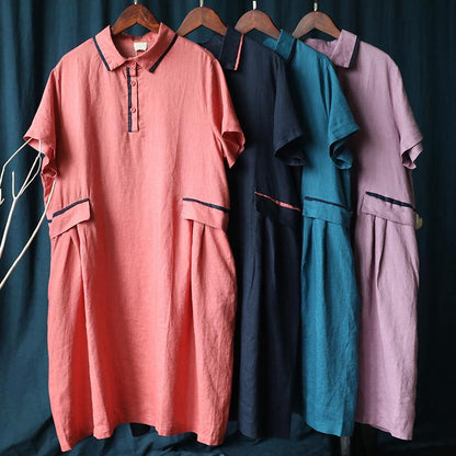 French lapel patchwork summer clothes Women Work navy Dress - SooLinen