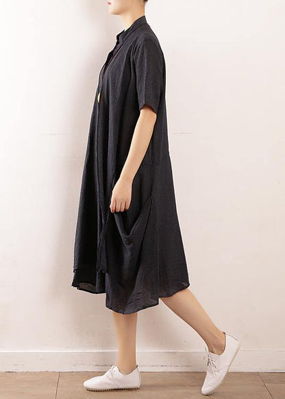 French navy linen cotton Soft Surroundings Boho Wardrobes short sleeve Maxi summer Dress - SooLinen