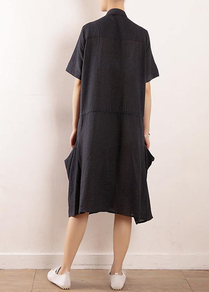 French navy linen cotton Soft Surroundings Boho Wardrobes short sleeve Maxi summer Dress - SooLinen