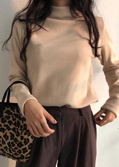 French nude cotton tunic top high neck Dresses thick shirts - SooLinen