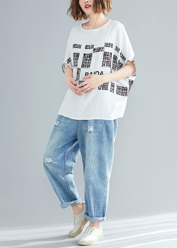 French o neck Batwing Sleeve Blouse Fine Cotton white Plaid Dresses top Summer - SooLinen